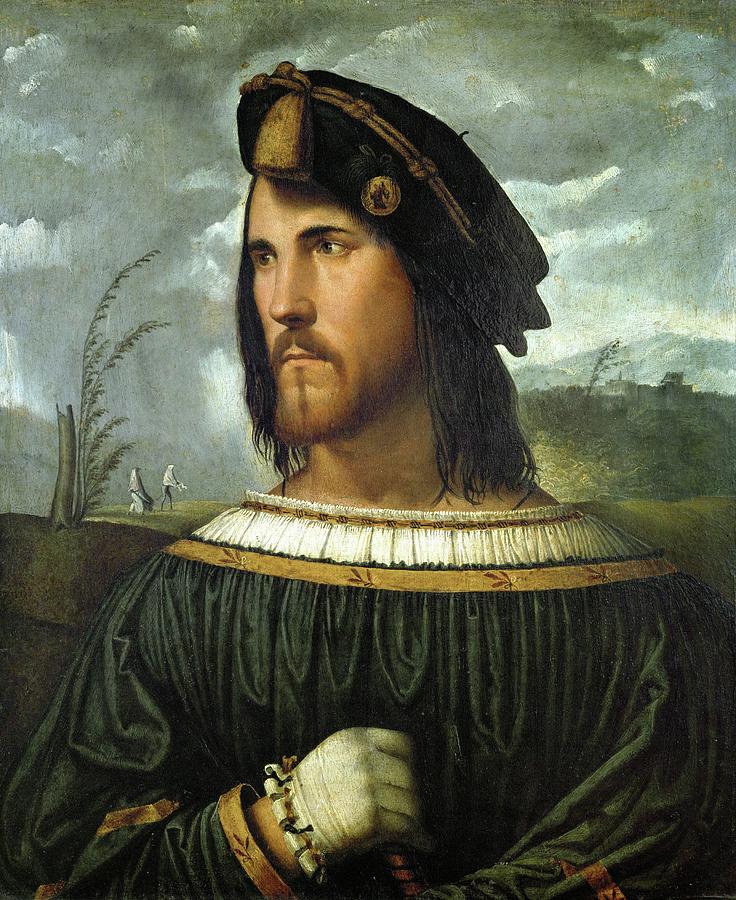 Nobleman. Perhaps Cesare Borgia -1475-1507-, Oil on wood, 1520, 56 x7 cm. Altobello dei Meloni . Painting by Altobello Melone -c 1490-1543-