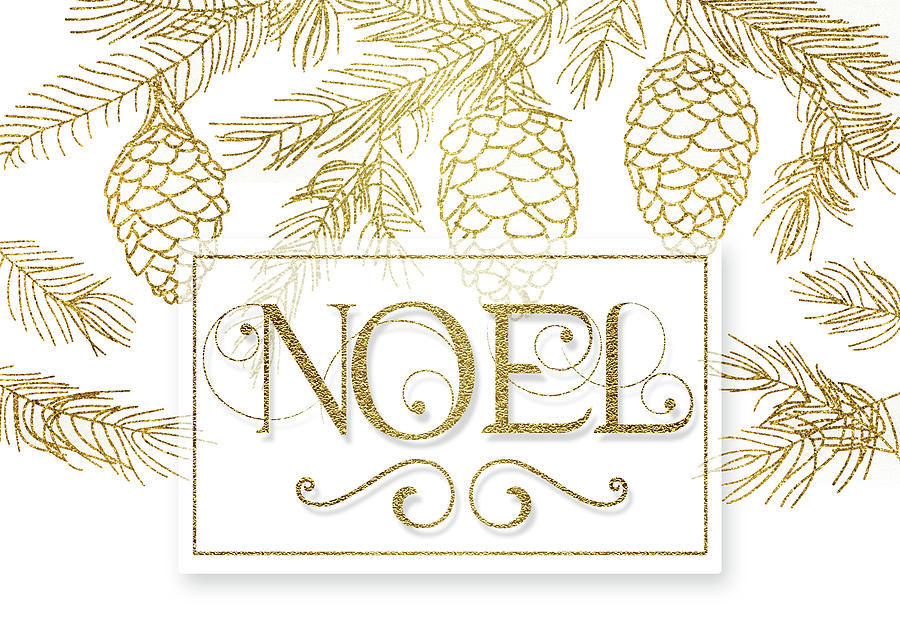 Noel Christmas Typography in Gold and White Pine Branches  Digital Art by Doreen Erhardt