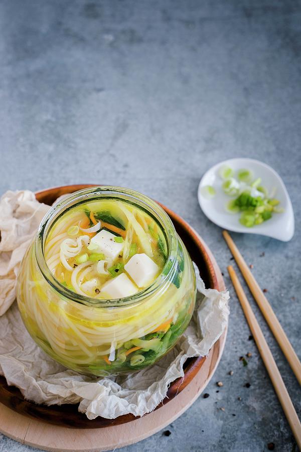 Noodle Soup With Cabbage And Tofu In A Glass Jar asia Photograph by Maricruz Avalos Flores