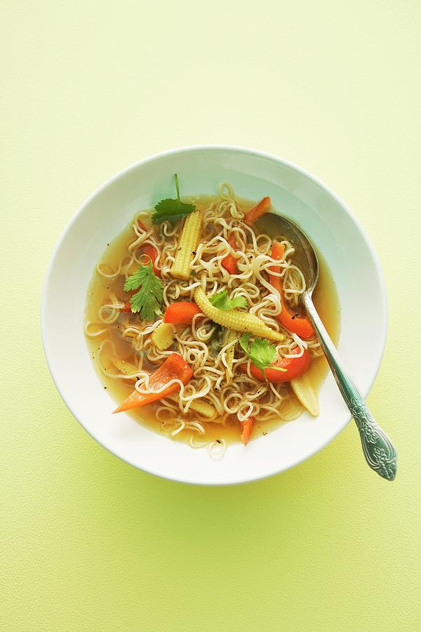 Noodle Soup With Peppers And Baby Corn Cobs asia Photograph by Michael Wissing