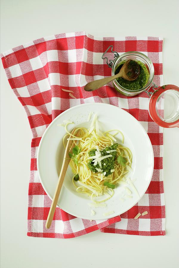 Holiday Photograph - Noodles With Asian Pesto view From Above by Michael Wissing