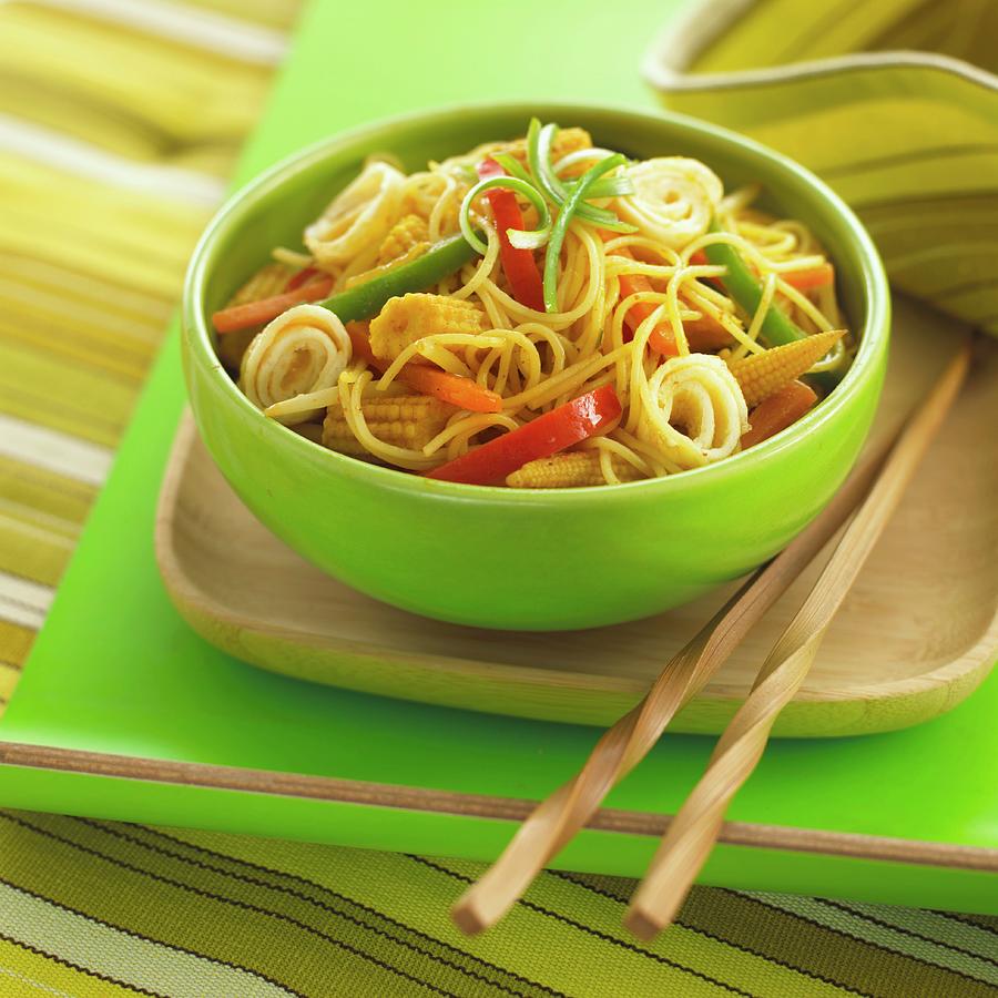 Noodles With Baby Sweetcorn And Peppers Photograph by Dave King