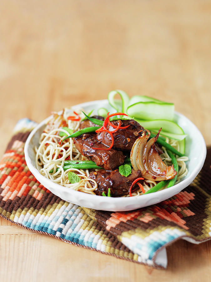 Noodles With Lamb, Green Beans, Mint, Chilli, And Cucumbers Photograph by Karen Thomas