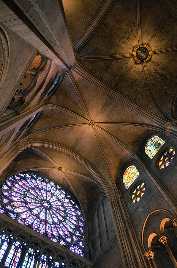 Nord rose window, vaults and stained glass windows in Notre Dame before the fire of 2019 Photograph by RicardMN Photography