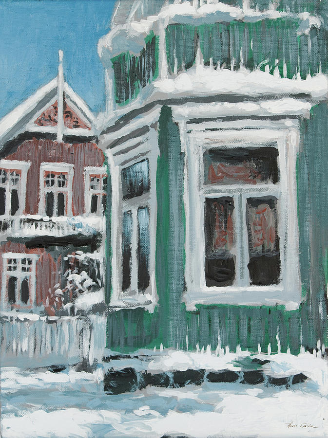 Nordic Town Houses - Green House Painting by Hans Egil Saele