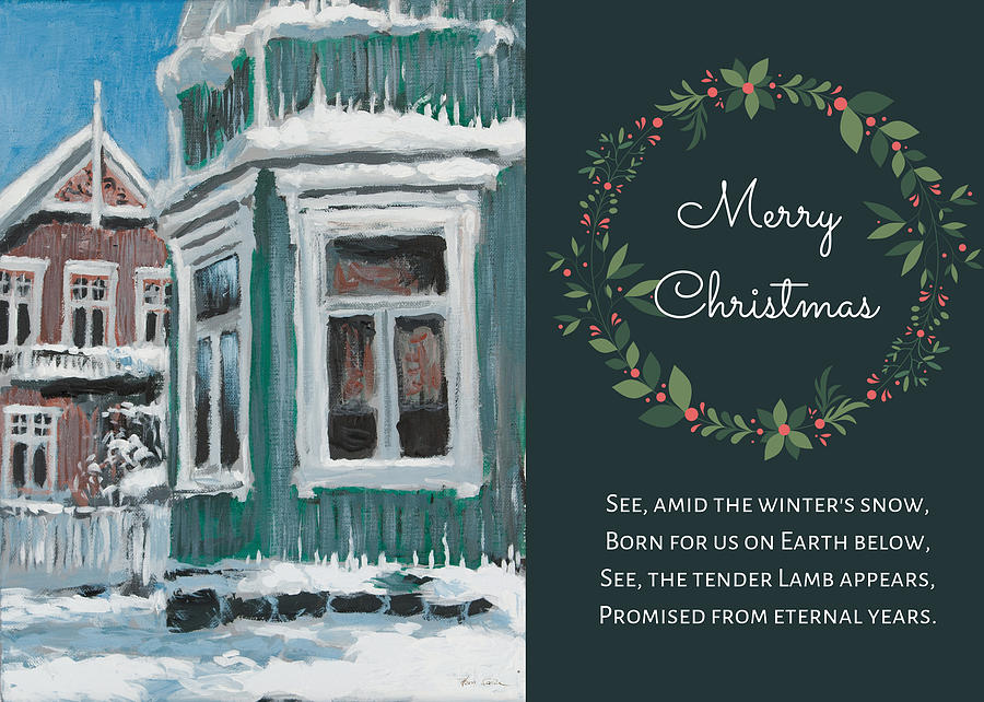 Nordic Town Houses - Green House Christmas card version Painting by Hans Egil Saele