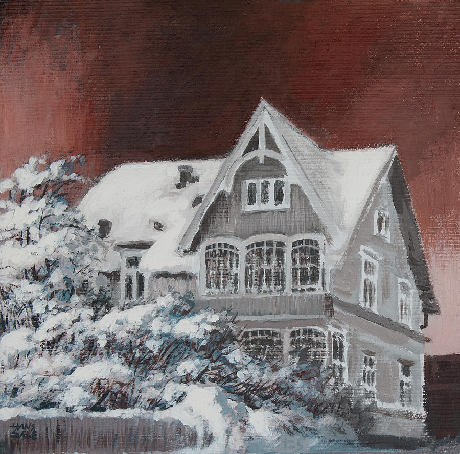 Nordic Town Houses - Under the Blood Red Sky Painting by Hans Egil Saele