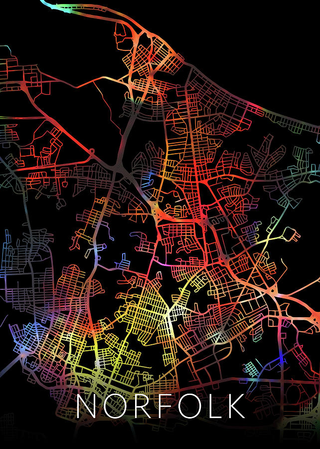 City Mixed Media - Norfolk Virginia City Watercolor Street Map Dark Mode by Design Turnpike