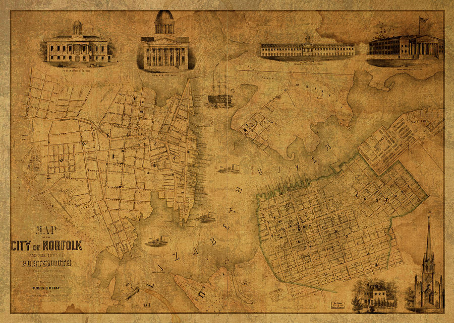 Norfolk Virginia Vintage City Street Map 1851 Design Turnpike 