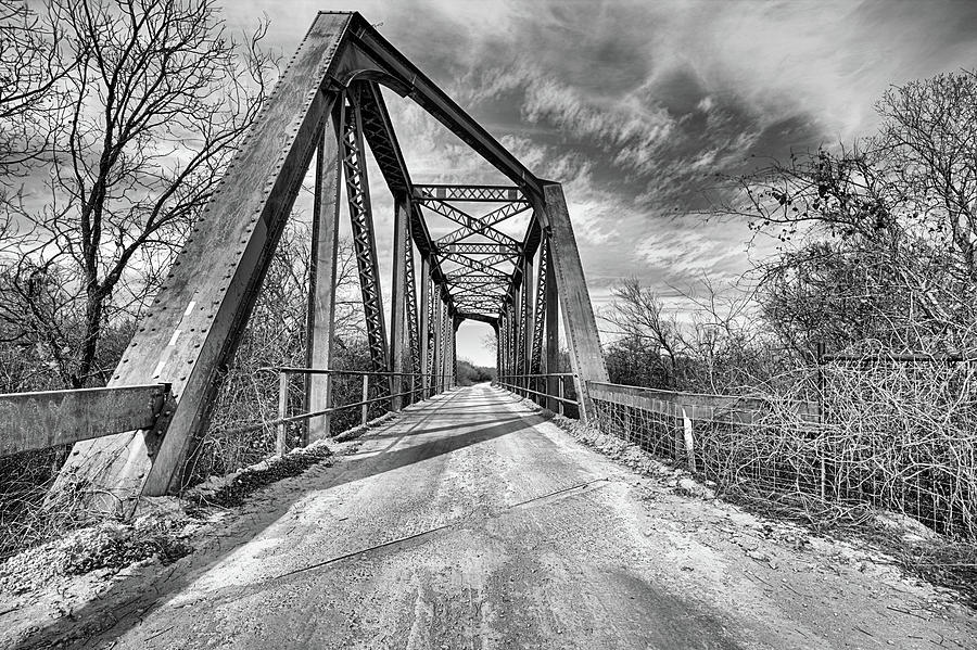 North Bosque River Bridge Hico Texas Black and White Photograph by JC Findley