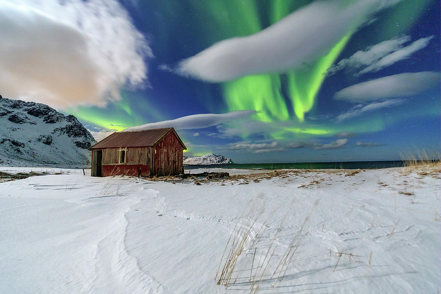 Northern Lights & Log Cabin, Norway Digital Art by Roberto Moiola