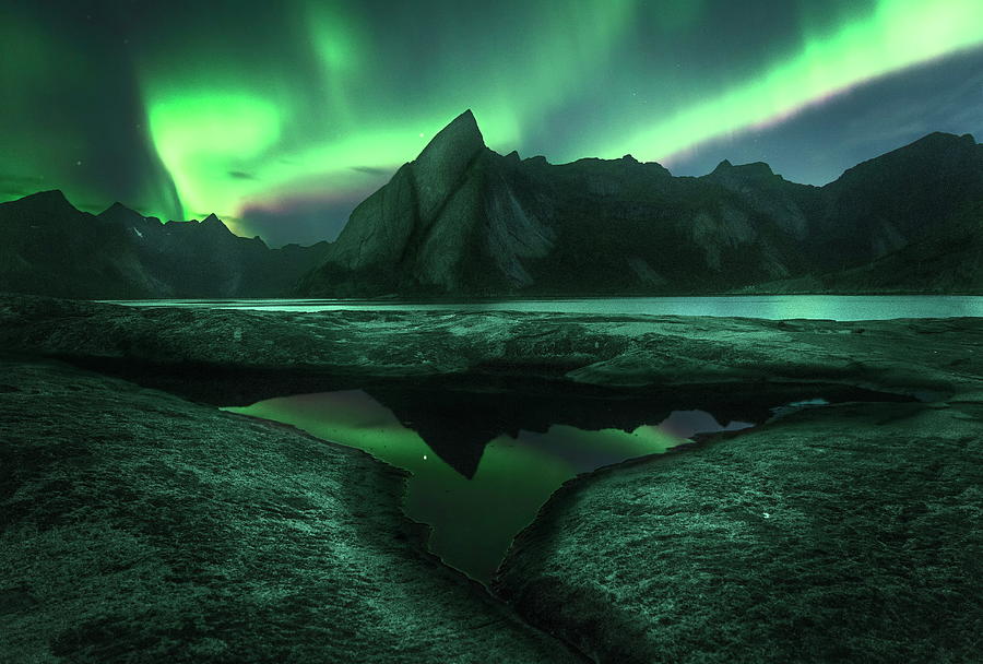 Northern Lights & Mountains, Norway Digital Art by Jonas Huhn