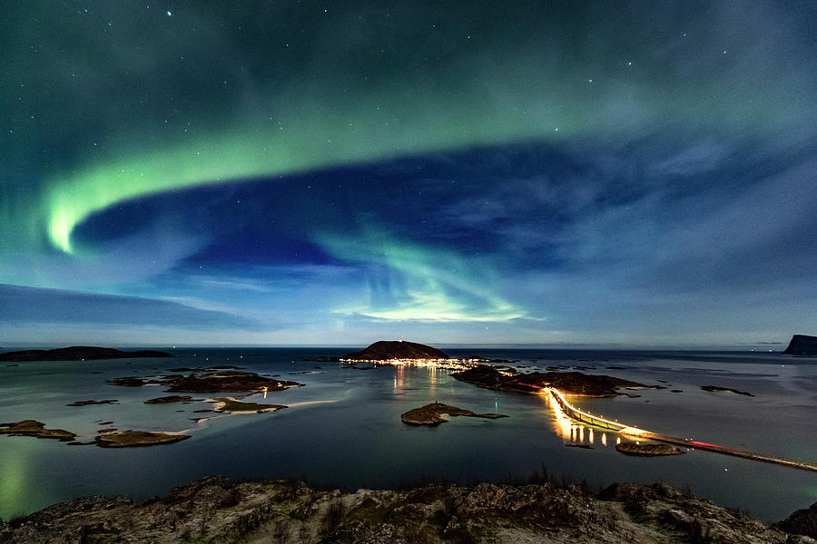 Nature Digital Art - Northern Lights (aurora Borealis) In The Night Sky Over Famous Sommaroy Bridge Crossing From Kvaloya Island To Sommaroy Island In Autumn, Arctic Norway by Steve Woods Photography