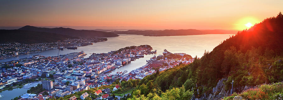 Norway, Hordaland, Scandinavia, Bergen, City At Sunset, View From Floyen Mountain Digital Art by Luigi Vaccarella