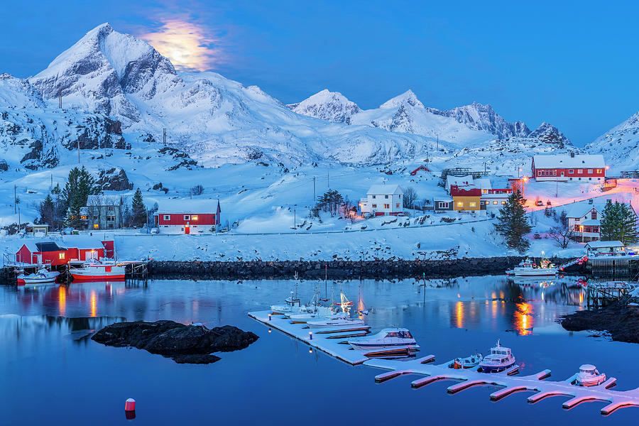 Norway, Nordland, Lofoten Islands, Flakstadoya, Harbor In Sund Digital Art by Sebastian Wasek