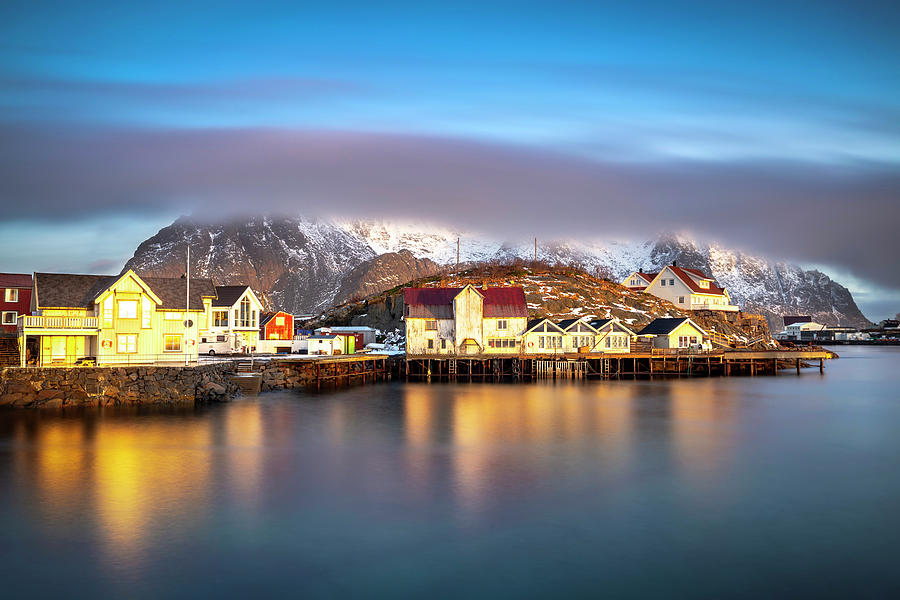 Norway, Nordland, Lofoten Islands, Scandinavia, Henningsvaer, Sunrise In Henningsvaer Village, Vagan Village Digital Art by Francesco Russo
