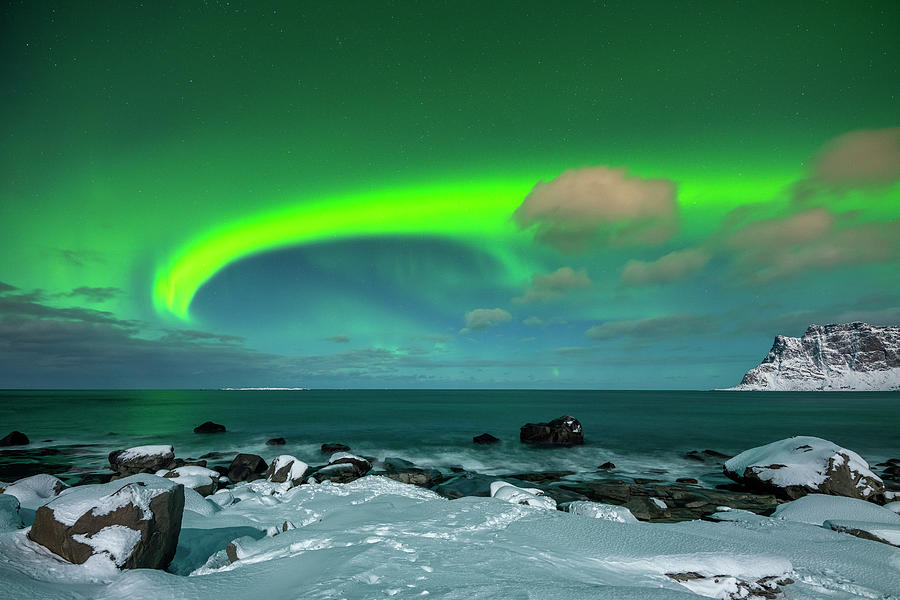 Norway, Nordland, Lofoten Islands, Vestvagoy, Uttakleiv Beach By Night With Aurora Borealis Digital Art by Sebastian Wasek