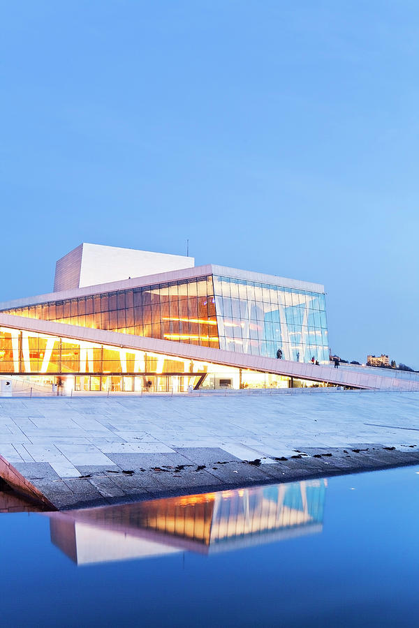 Norway, Oslo County, Scandinavia, Oslo, Oslo Opera House, The New Opera House In Oslo Illuminated At Dusk Digital Art by Luigi Vaccarella