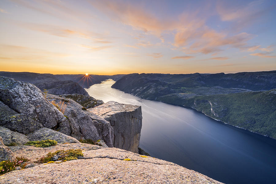 Image Digital Art - Norway, Rogaland, Preikestolen, Scandinavia, Sunrise At Pulpit Rock On Lysefjord by Christian Back