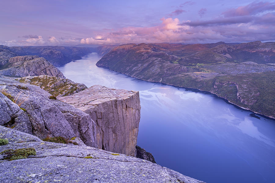 Sunset Digital Art - Norway, Rogaland, Preikestolen, Scandinavia, Sunset At Preikestolen With A View Of The Lysefjord by Christian Back