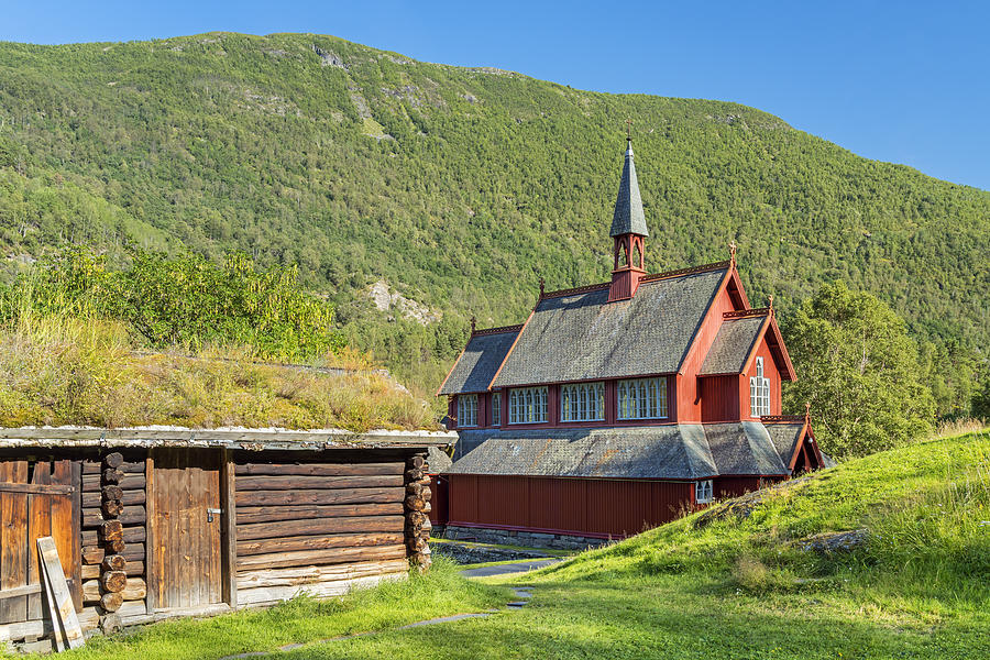 Image Digital Art - Norway, Sogn Og Fjordane, Sognefjord, Scandinavia, Stave Church Next To The Famous Stave Church In Borgund In Laerdal by Christian Back