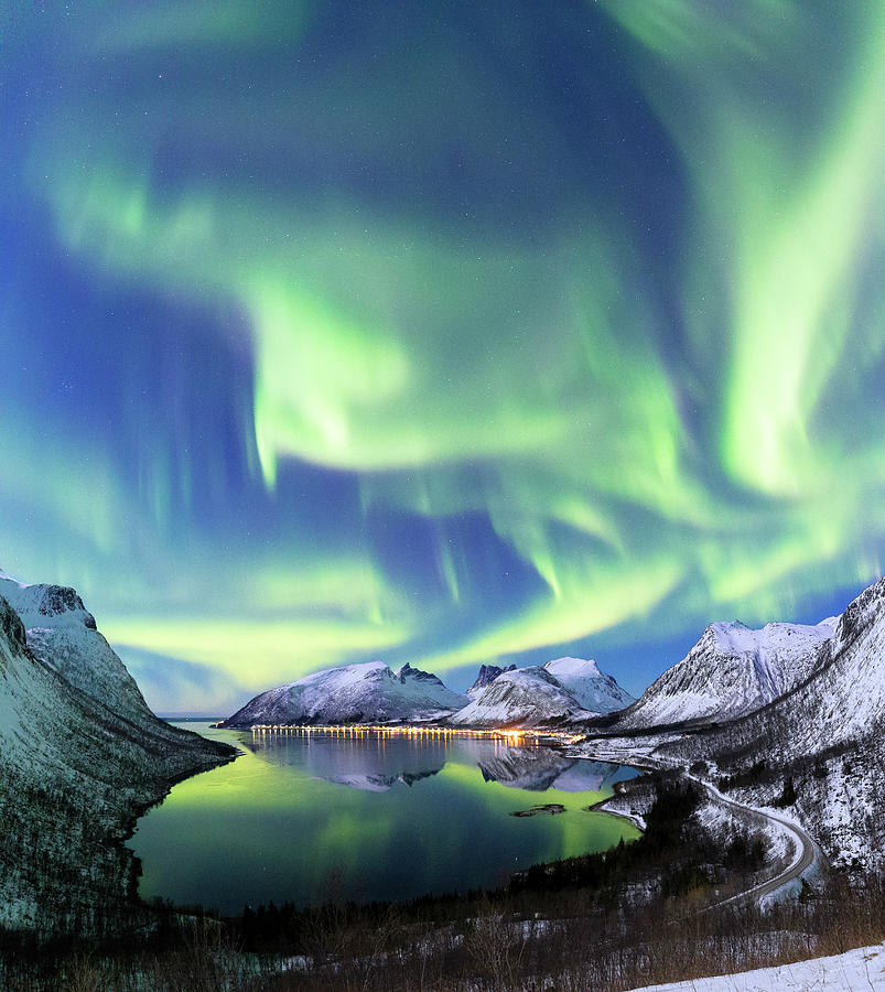 Norway, Troms, Senja Island, Scandinavia, Arctic Circle, Northern Lights In The Night Sky From Panoramic Point Over Bergsfjord Digital Art by Francesco Bergamaschi