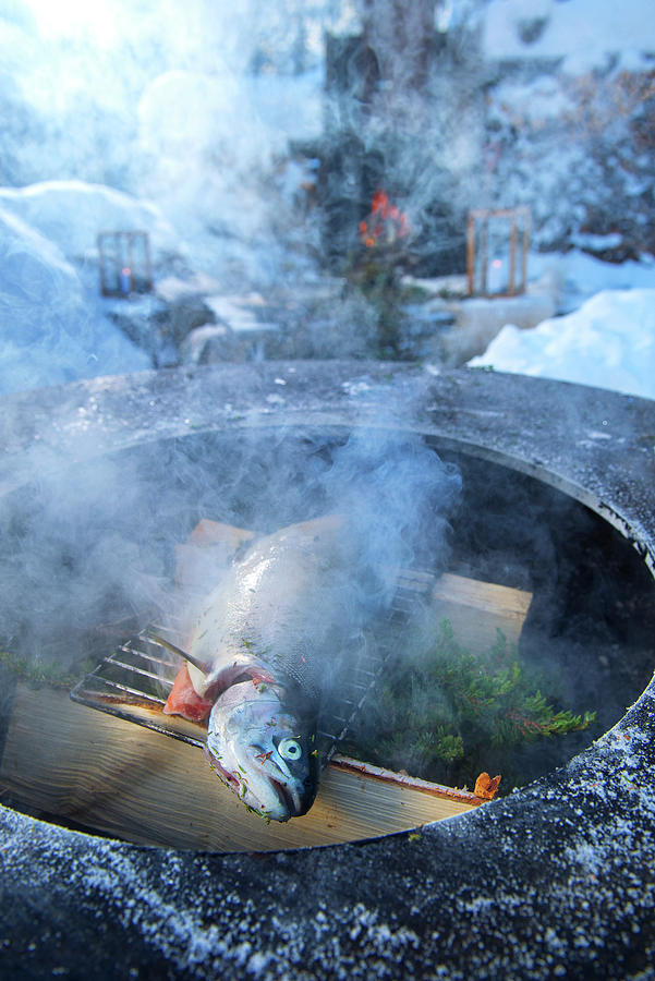 Norway, Winter, Heggenes,surroundings Hotel Herangtunet, Boutique Hotel, Winterbarbeque, Salmon Photograph by Lode Greven Photography