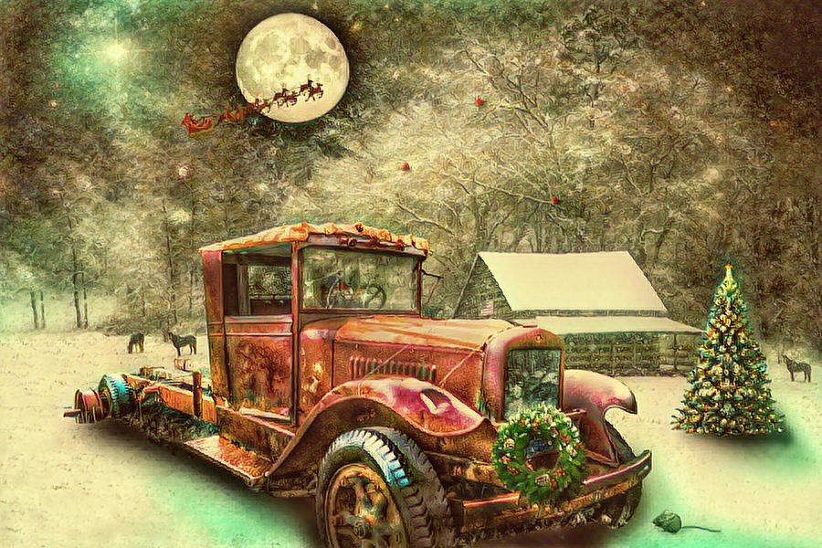Nostalgic Red Truck on Christmas Eve  Digital Art by Debra and Dave Vanderlaan