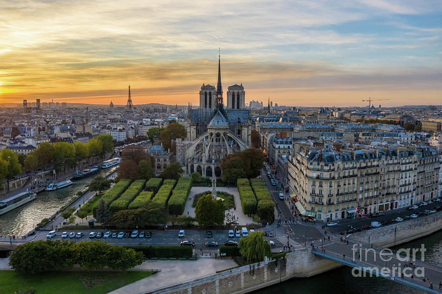 Notre Dame De Paris Aerial Sunset View Photograph