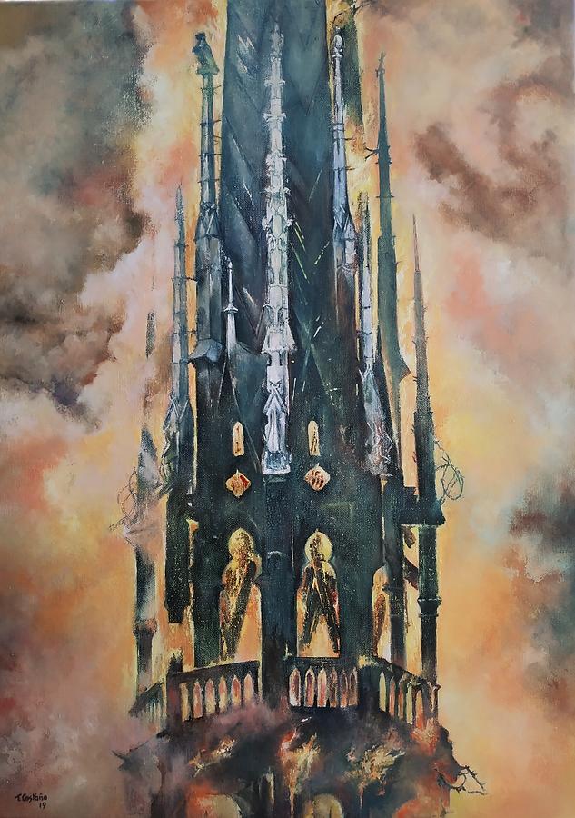 Notre Dame in flames Painting by Tomas Castano