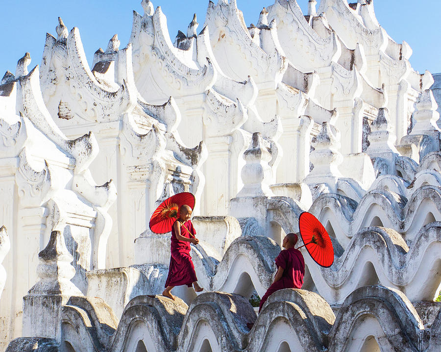 novice monks at the Hsinbyume white temple Photograph by Ann Moore