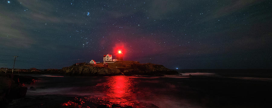 Nubble at Night in Pano Format Photograph by Rod Best