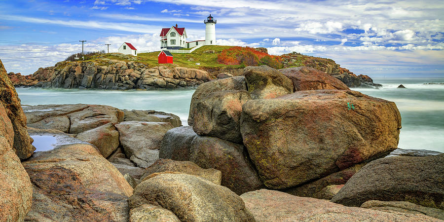 America Photograph - Nubble Lighthouse Panorama - Cape Neddick in York Maine by Gregory Ballos