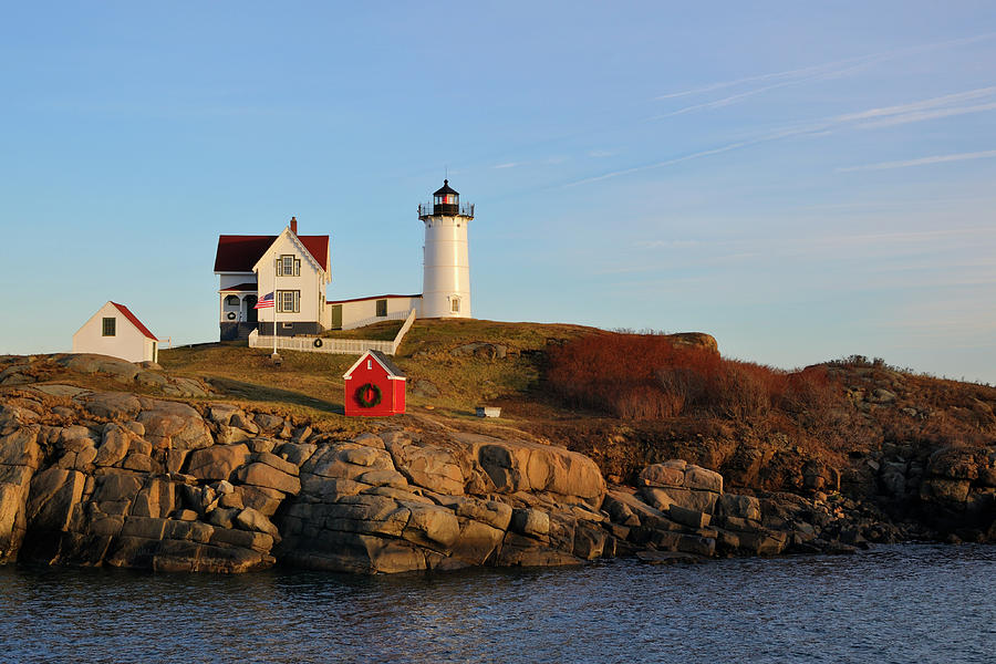 Nubble Lighthouse with Holiday Decorations Photograph by Luke Moore