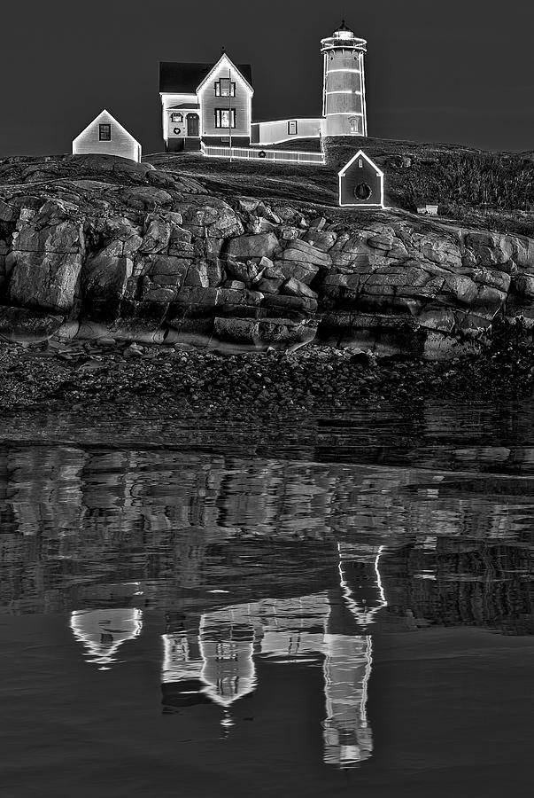 Nubble Lighthouse Reflection BW Photograph by Susan Candelario