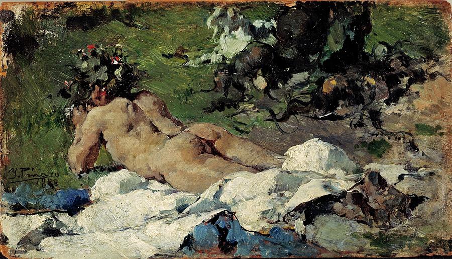 Nude, 1888, Spanish School, Oil on panel, 105 cm x 185 cm, P04578. Painting by Ignacio Pinazo Camarlench -1849-1916-
