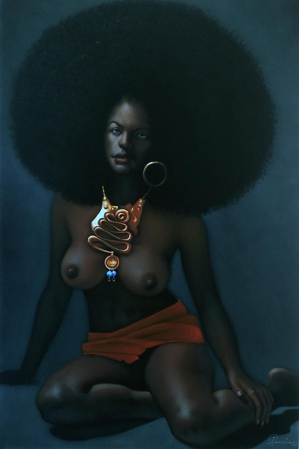 Nude Painting - Nude, Black Afro Woman 70s vintage style Original Oil painting Velvet #R63 by Ramirez