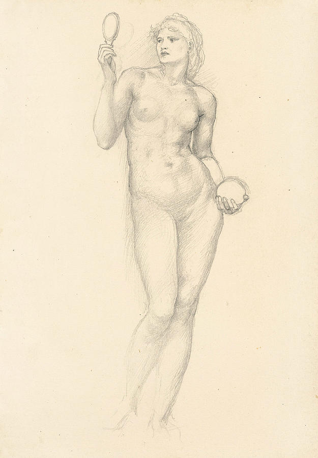 Nude Female Figure with Mirror in Right Hand Drawing by Edward Burne-Jones
