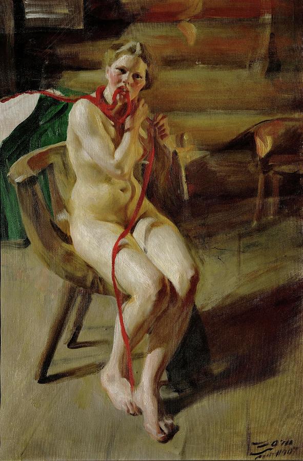 Nude pleating her hair. 1907 Canvas, 90 x 60 cm. Painting by Anders Zorn