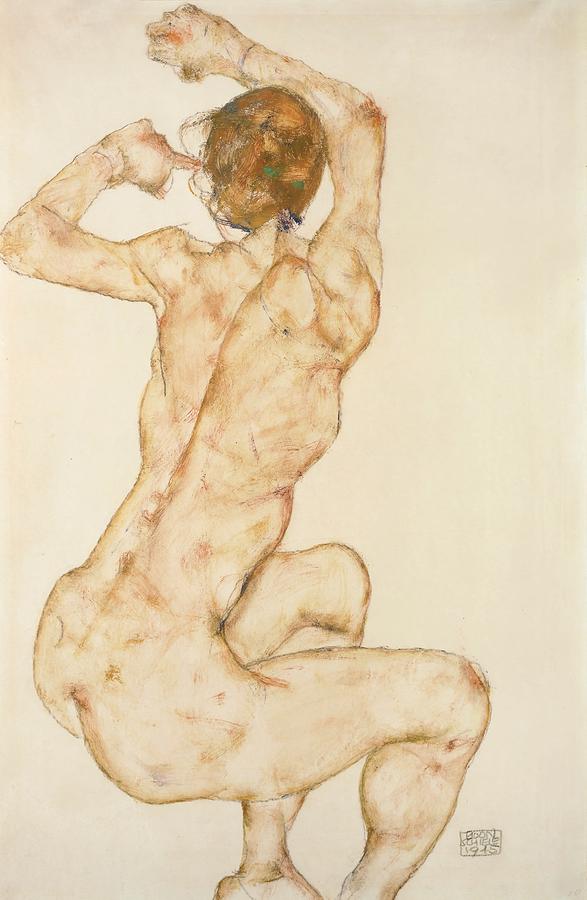 Nude with raised Arms, Gouache and pencil.  Signed and dated, lower right, 1915.  48cm x 32cm. Drawing by Egon Schiele -1890-1918-