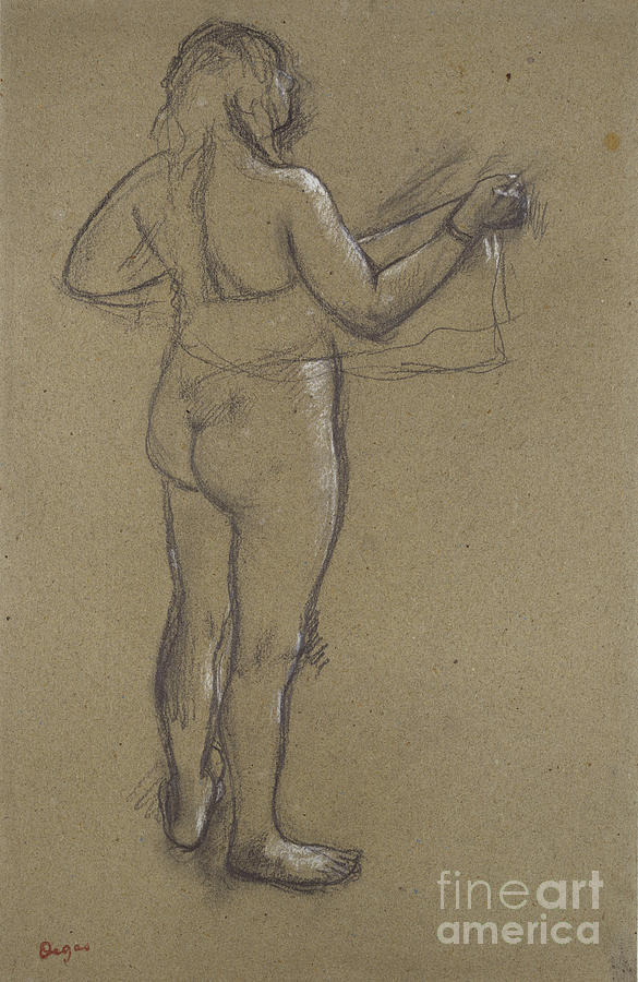 Nude Woman Drying Herself, 19th Century Charcoal Painting by Edgar Degas