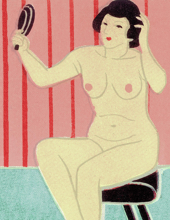 Vintage Drawing - Nude Woman Holding Hand Mirror by CSA Images