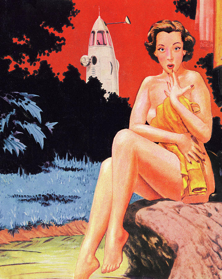Science Fiction Drawing - Nude Woman Sitting on a Rock with Rocket in the Background by CSA Images