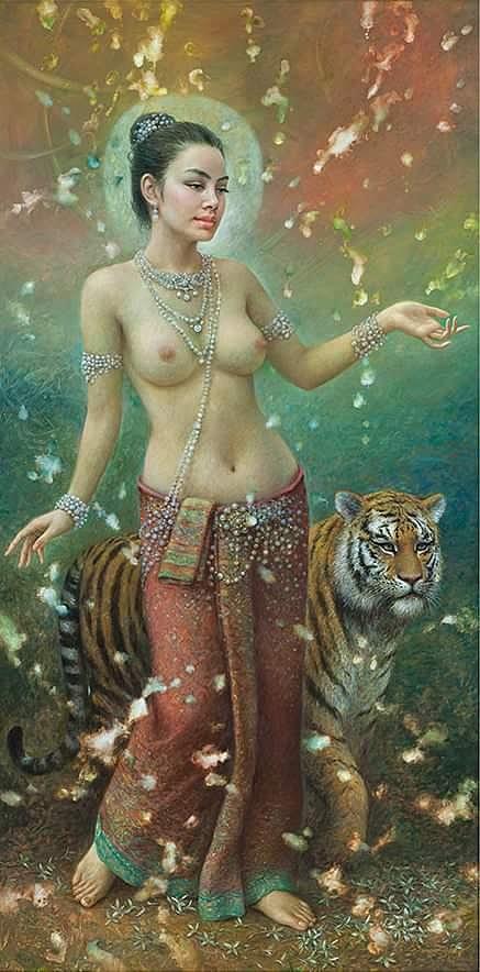 Nude Woman With Tiger Painting by Vishal Gurjar