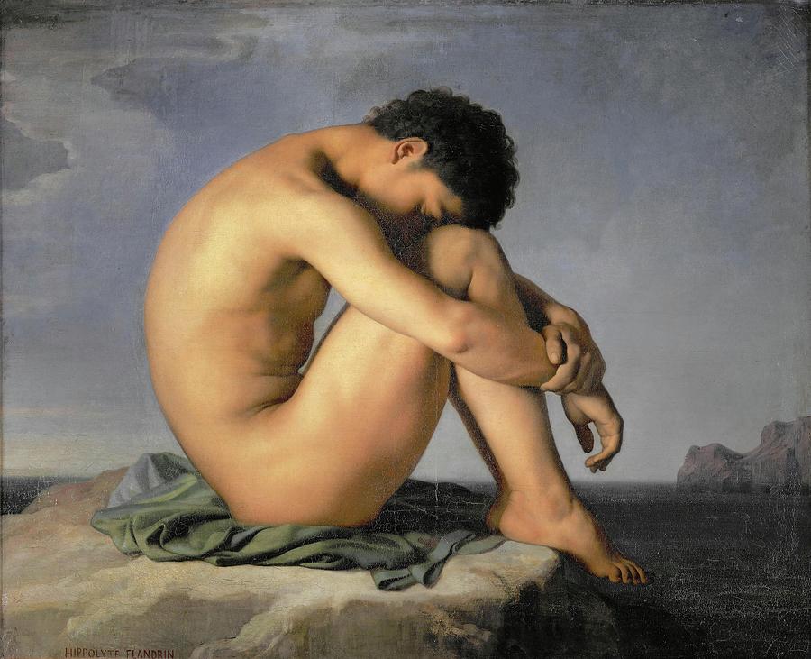 Nude young man sitting by the sea, 1836.  Canvas, 98 x 124 cm  M.I.171. Painting by Hippolyte Flandrin -1809-1864-