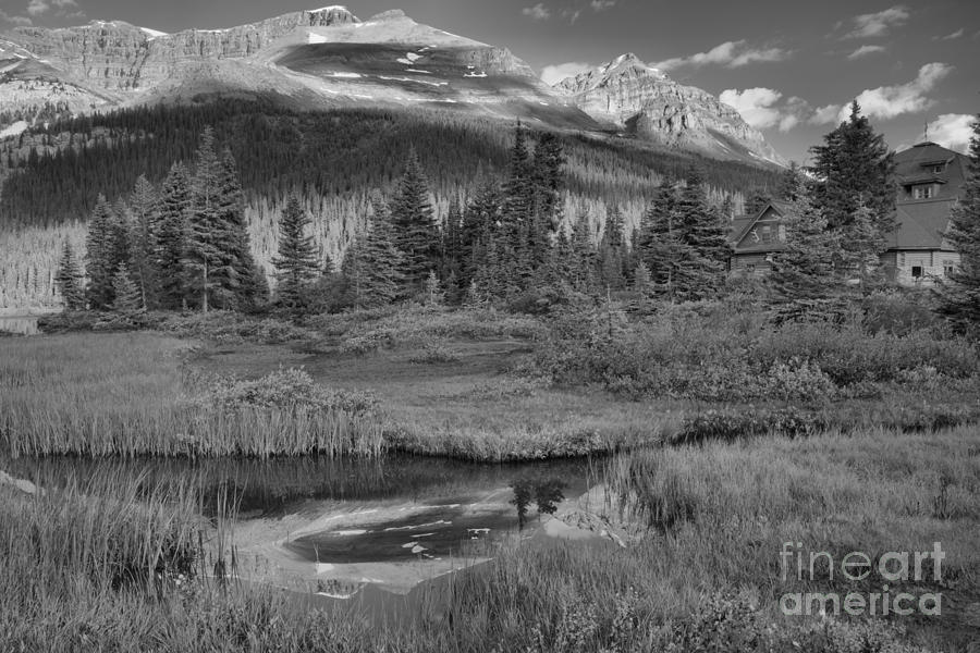 Num Ti Jah Lodge Mountain Reflections Black And White Photograph by Adam Jewell