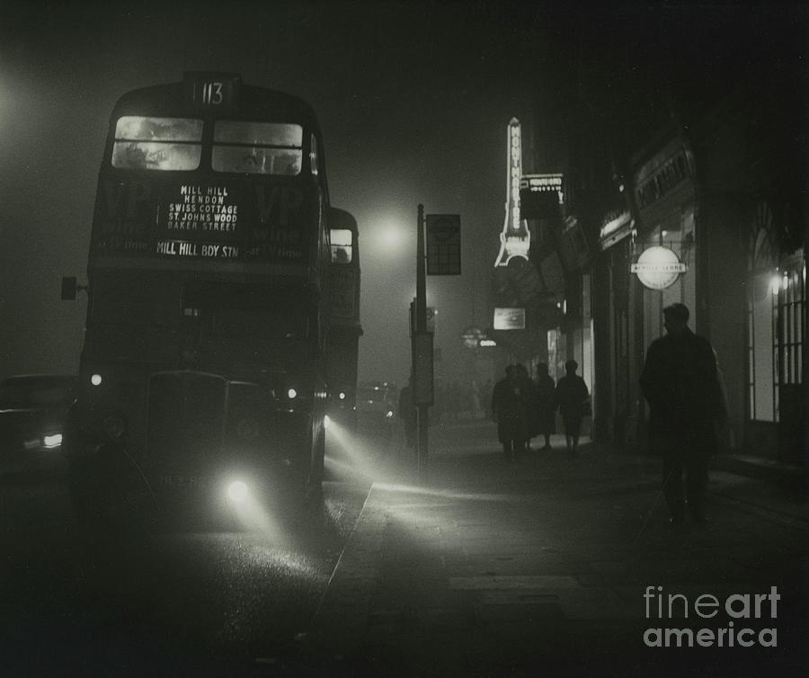Number 113 Double Decker Bus At Night In North London, 1950s Photograph by English School