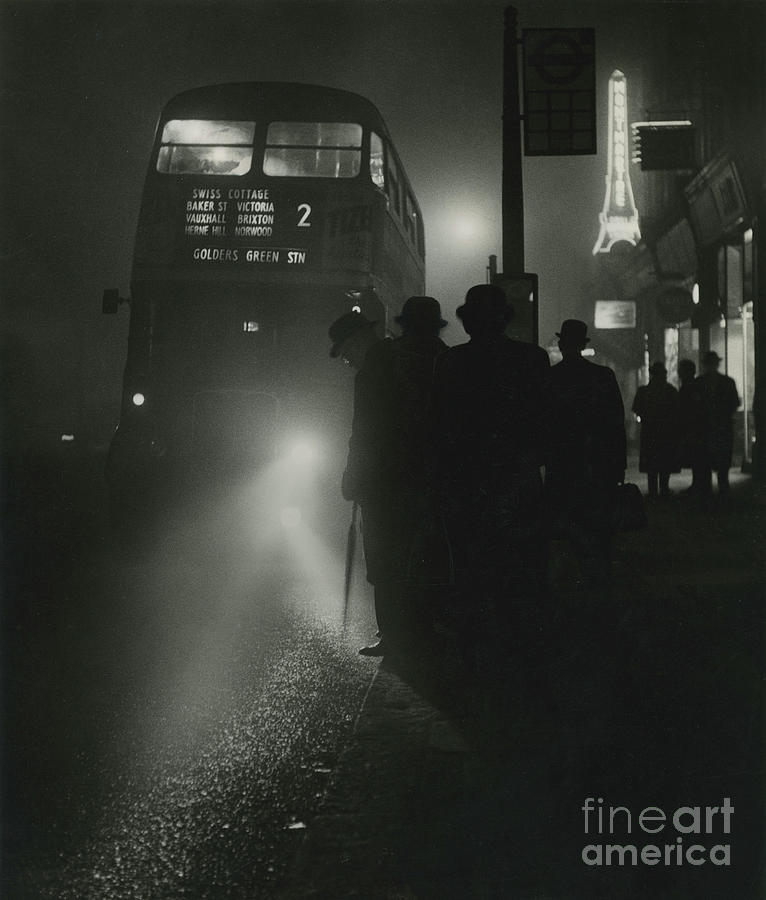 Number 2 Double Decker Bus At Night In North London, 1950s Photograph by English School