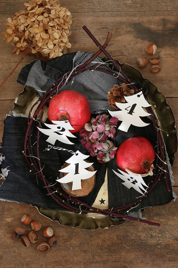 Numbered Paper Trees In Wreath With Pomegranates Photograph by Regina Hippel