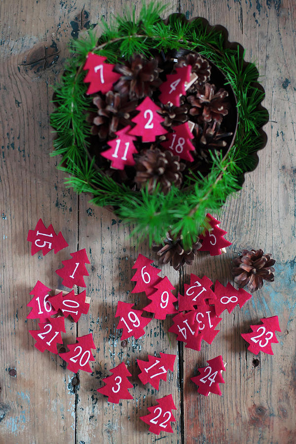 Numbered, Red Felt Christmas Trees In Cake Tin Photograph by Alicja Koll